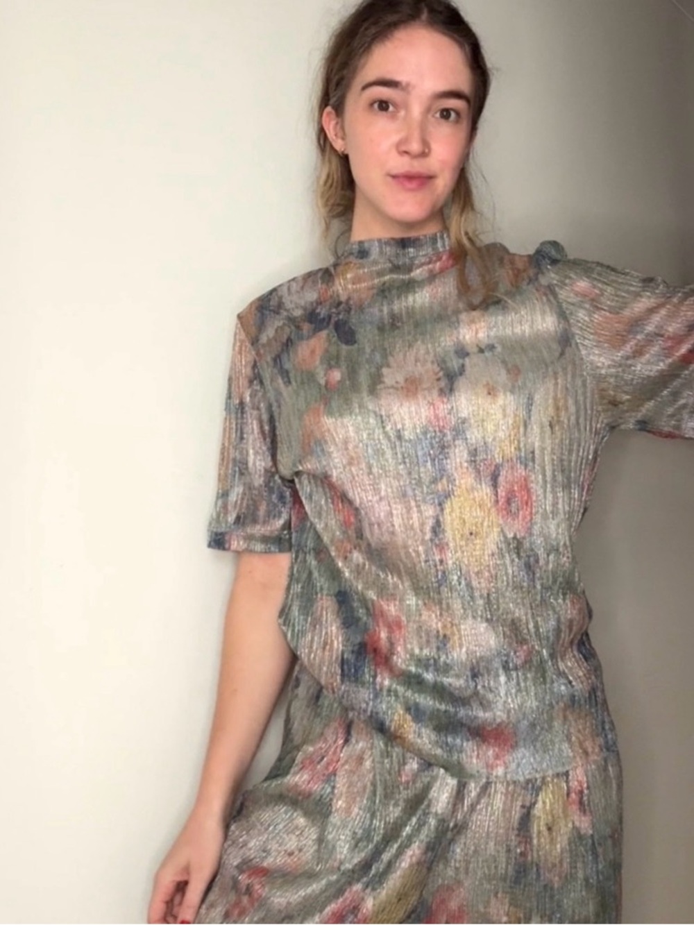 Mia Vesper Monet Plisse Floral Metallic Pleated Short-Sleeve Top/Pants Set